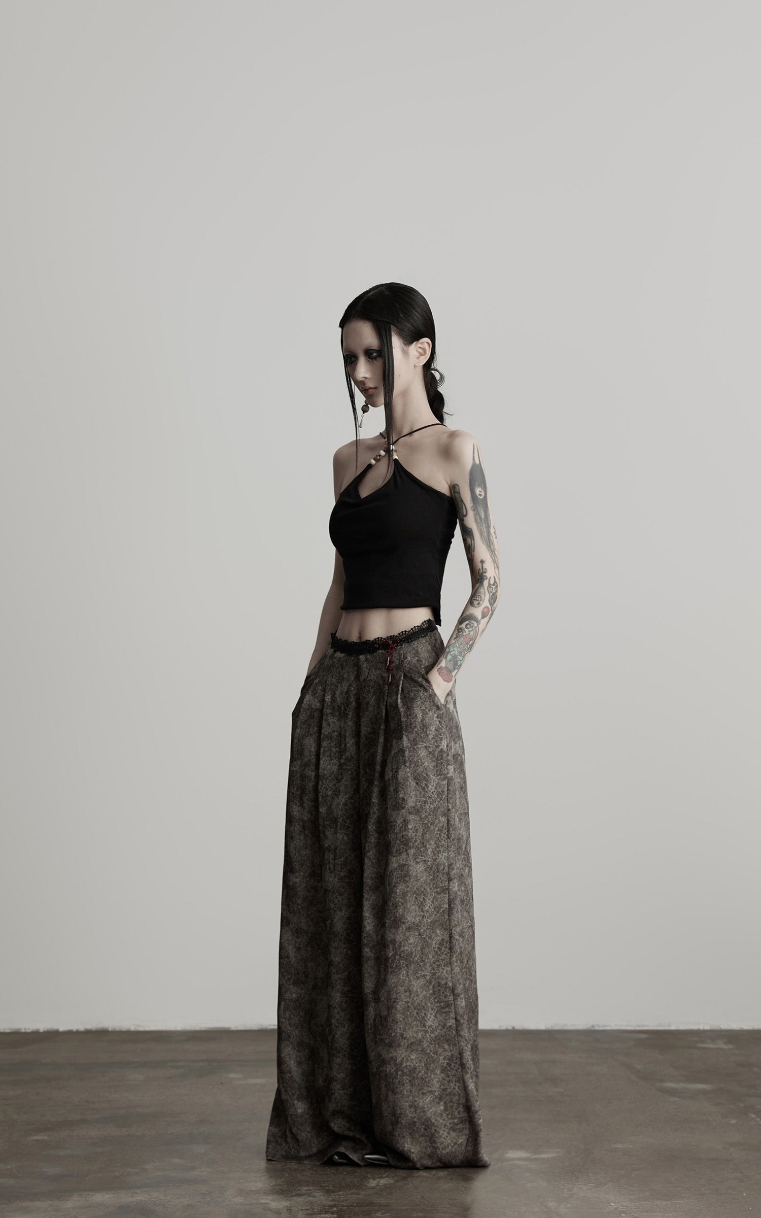 DOINDULGE Shadow Jacquard Wide Pants with Lace Waist and Beaded Trim