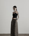 DOINDULGE Shadow Jacquard Wide Pants with Lace Waist and Beaded Trim