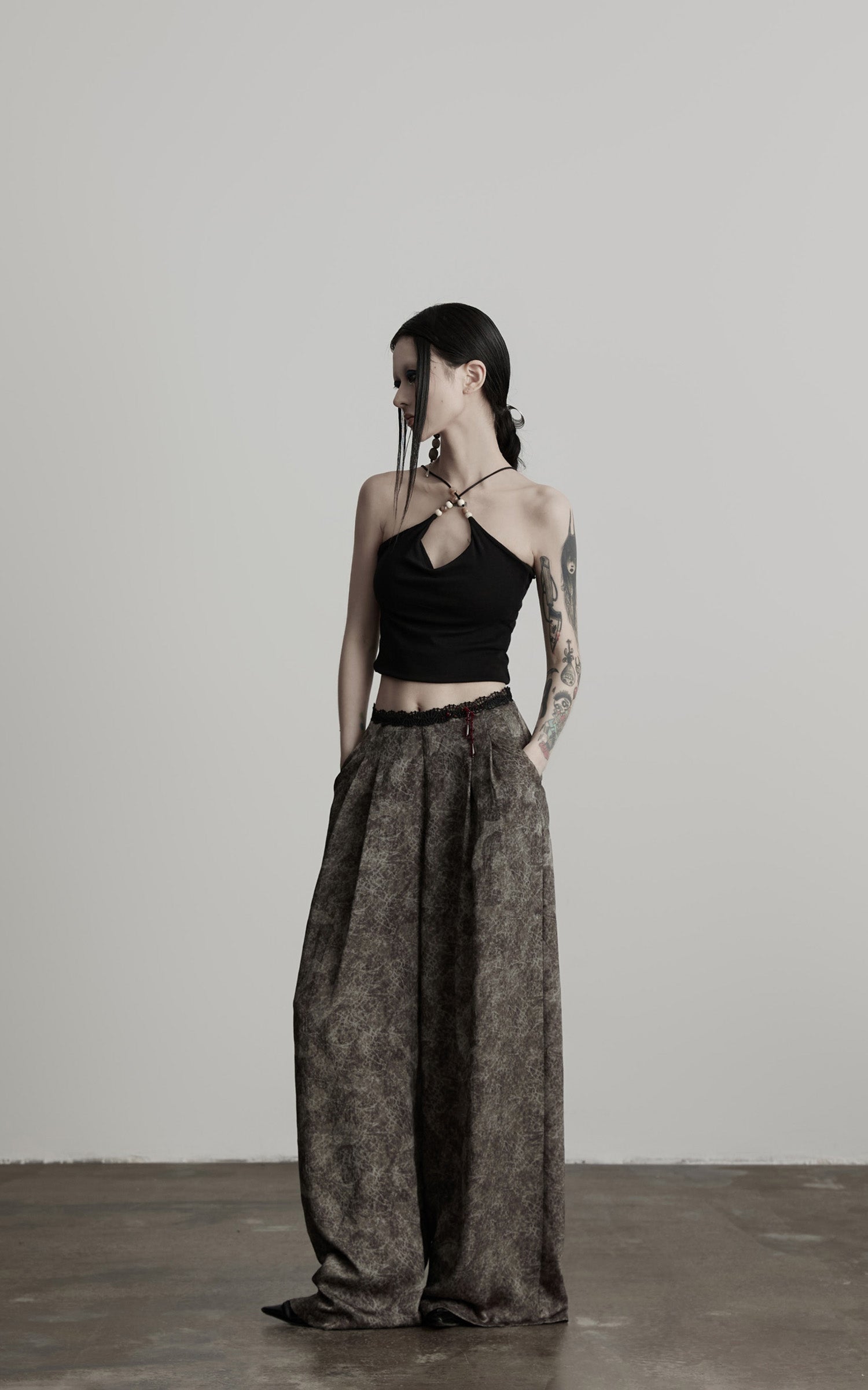 DOINDULGE Shadow Jacquard Wide Pants with Lace Waist and Beaded Trim