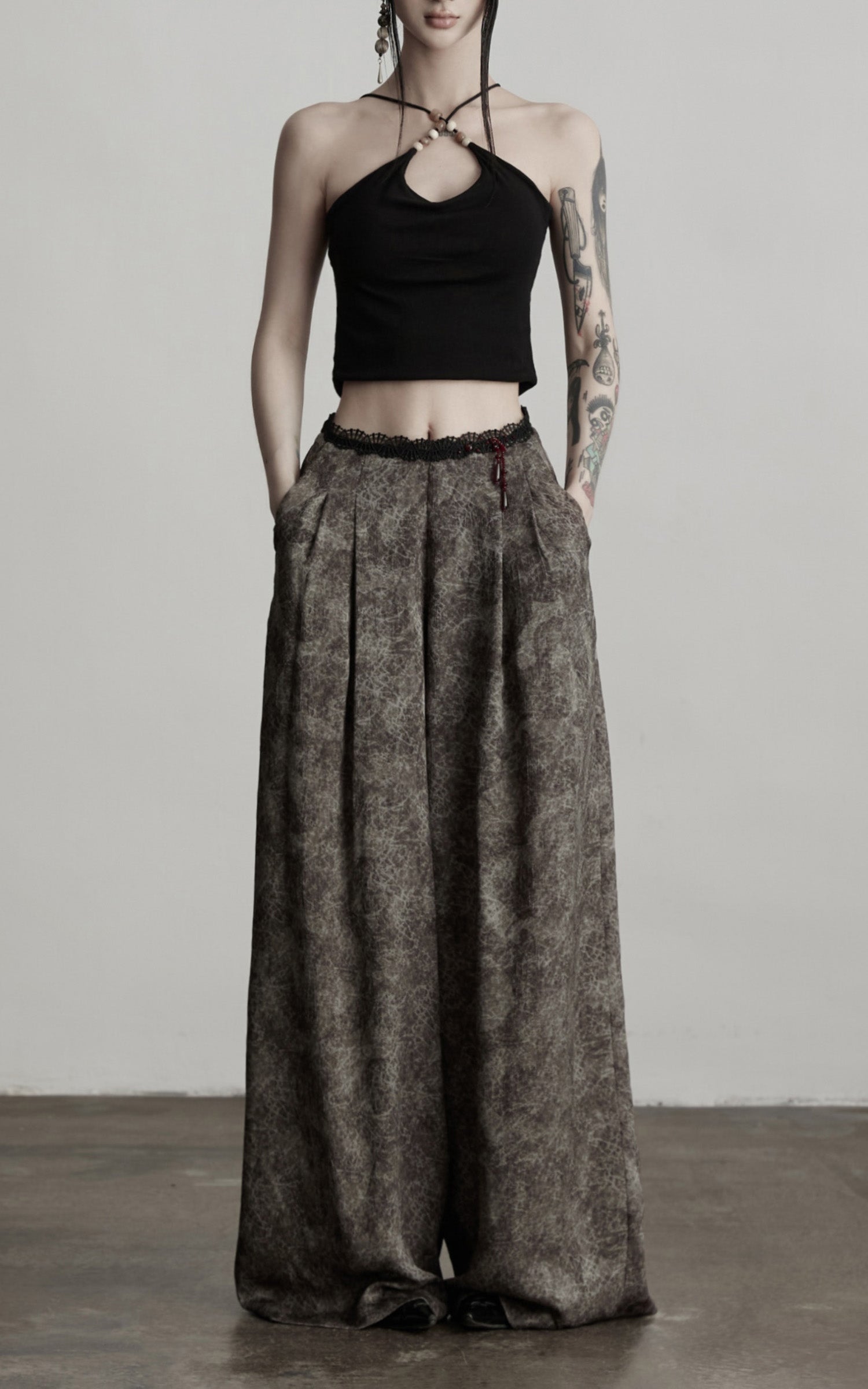 DOINDULGE Shadow Jacquard Wide Pants with Lace Waist and Beaded Trim