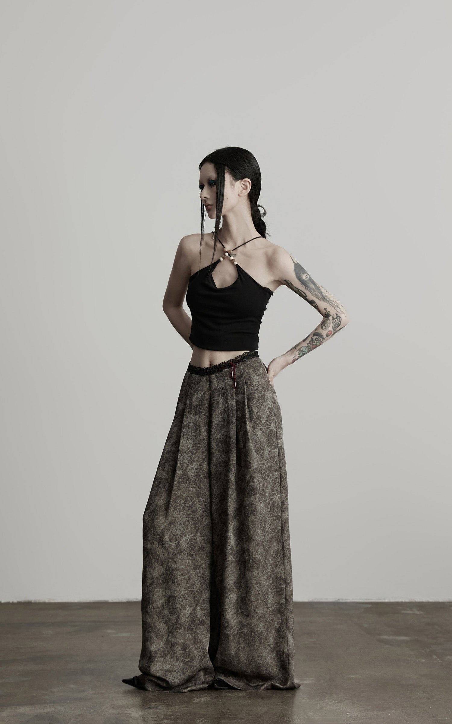DOINDULGE Shadow Jacquard Wide Pants with Lace Waist and Beaded Trim