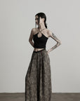 DOINDULGE Shadow Jacquard Wide Pants with Lace Waist and Beaded Trim