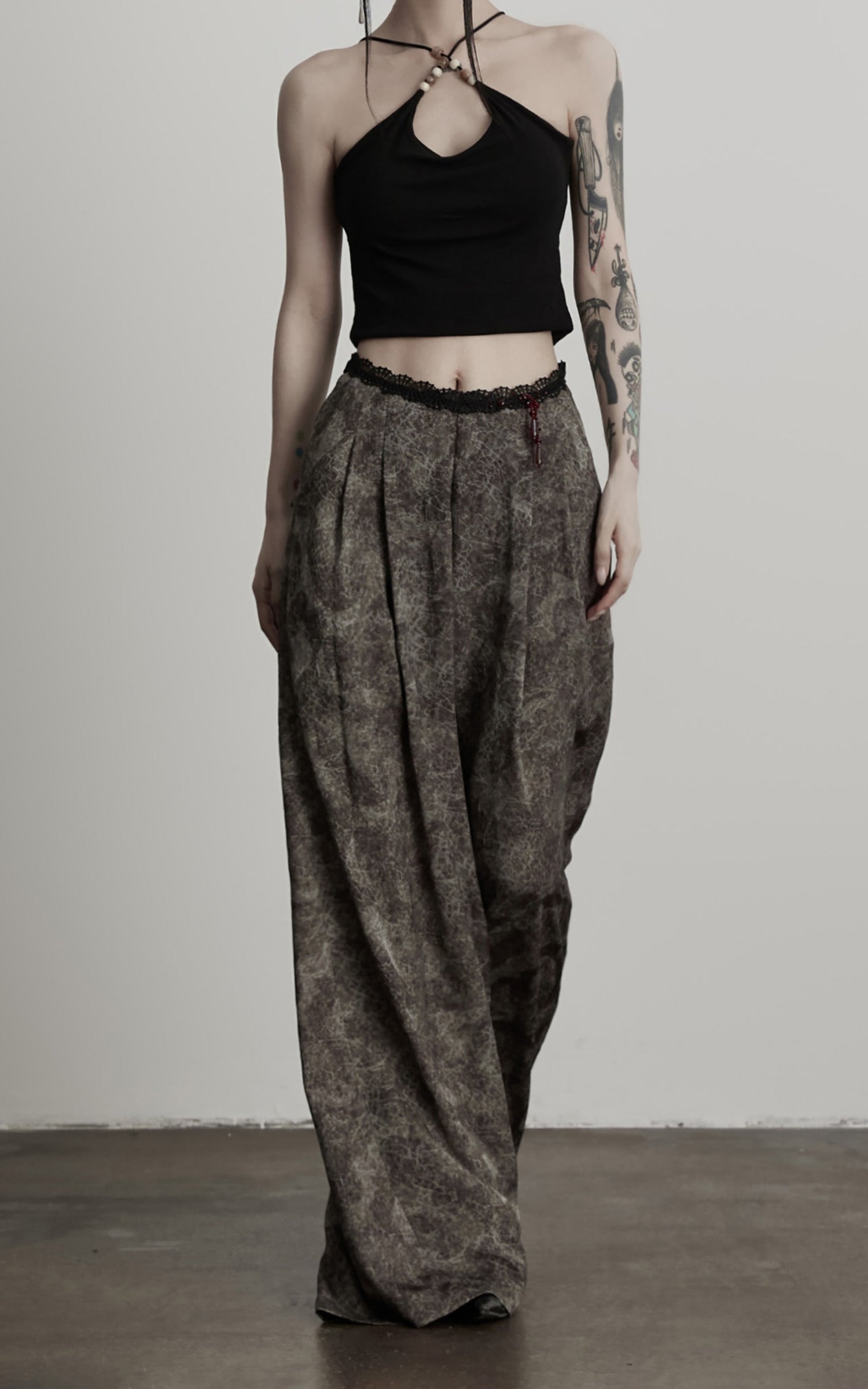 DOINDULGE Shadow Jacquard Wide Pants with Lace Waist and Beaded Trim
