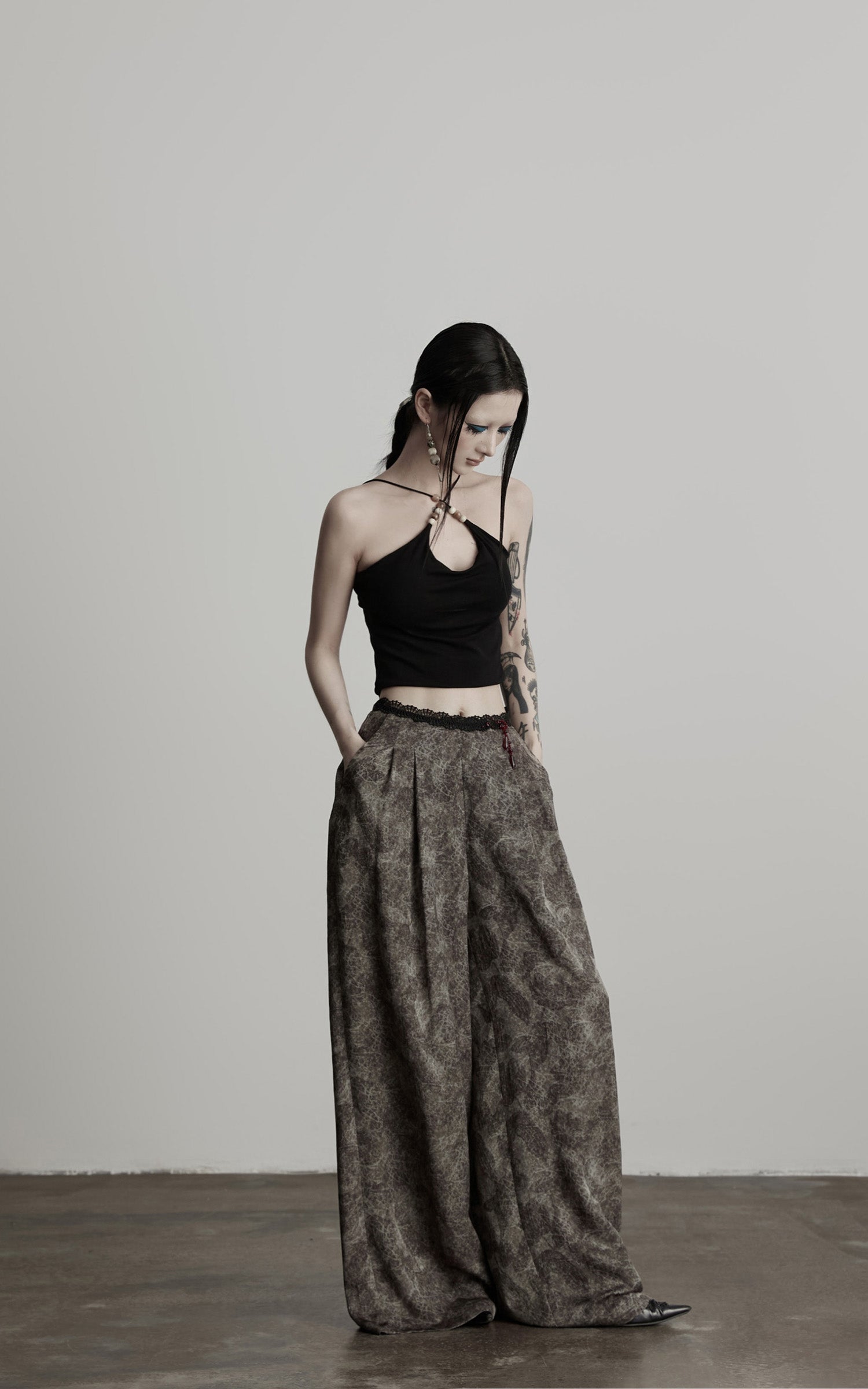 DOINDULGE Shadow Jacquard Wide Pants with Lace Waist and Beaded Trim
