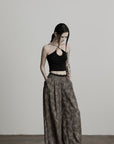 DOINDULGE Shadow Jacquard Wide Pants with Lace Waist and Beaded Trim