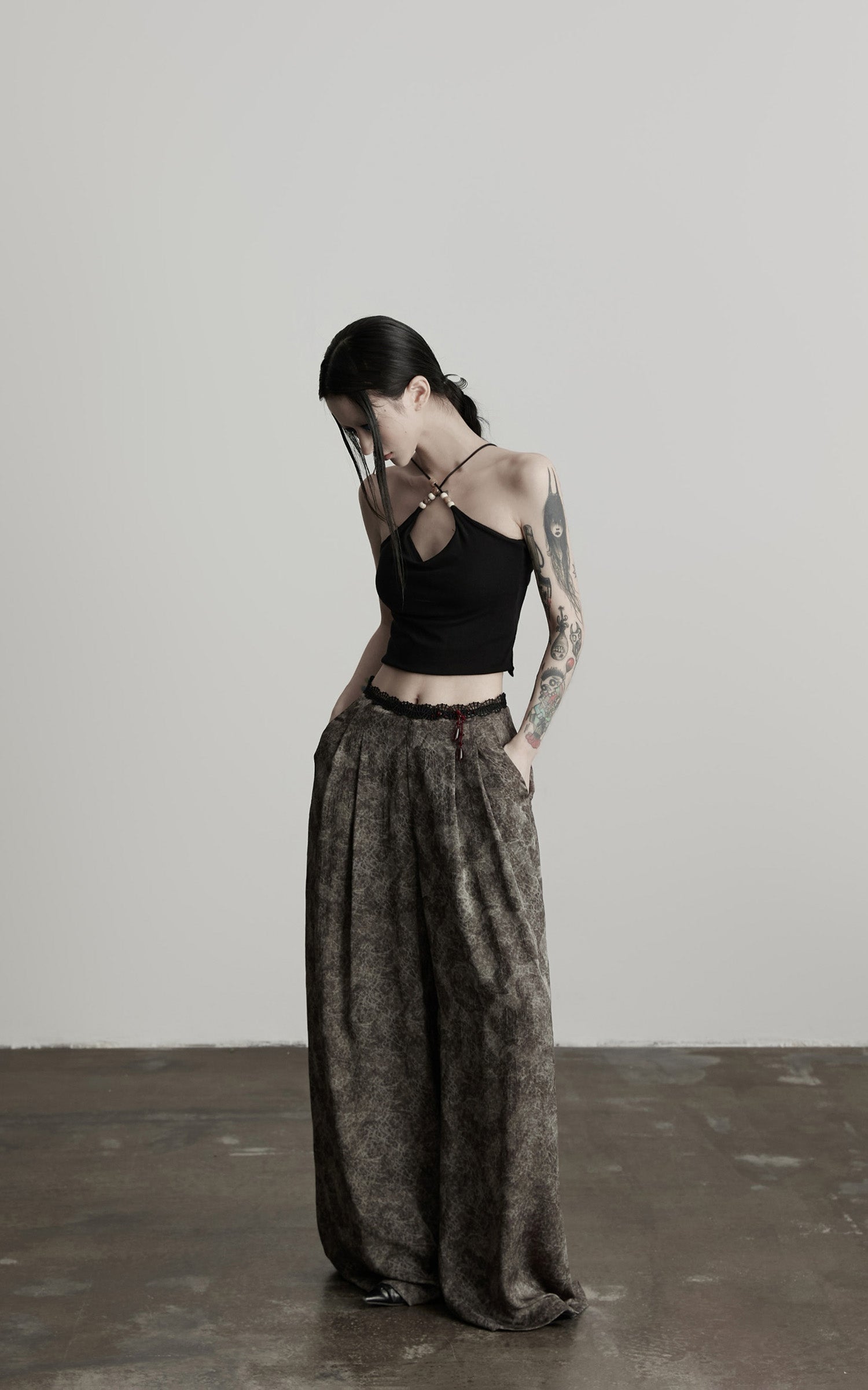 DOINDULGE Shadow Jacquard Wide Pants with Lace Waist and Beaded Trim