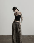 DOINDULGE Shadow Jacquard Wide Pants with Lace Waist and Beaded Trim