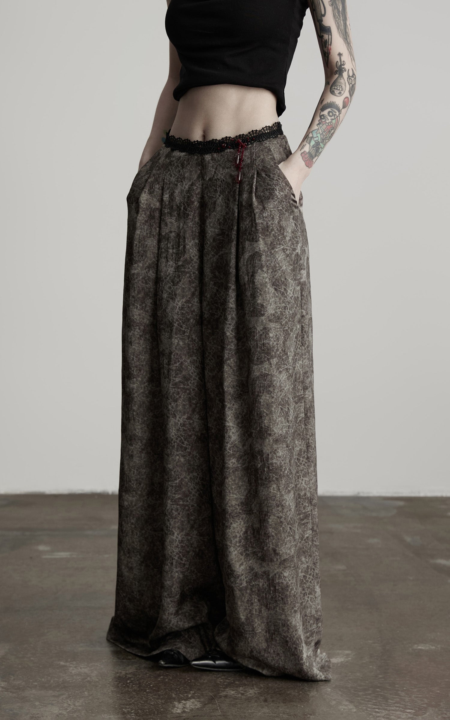 DOINDULGE Shadow Jacquard Wide Pants with Lace Waist and Beaded Trim