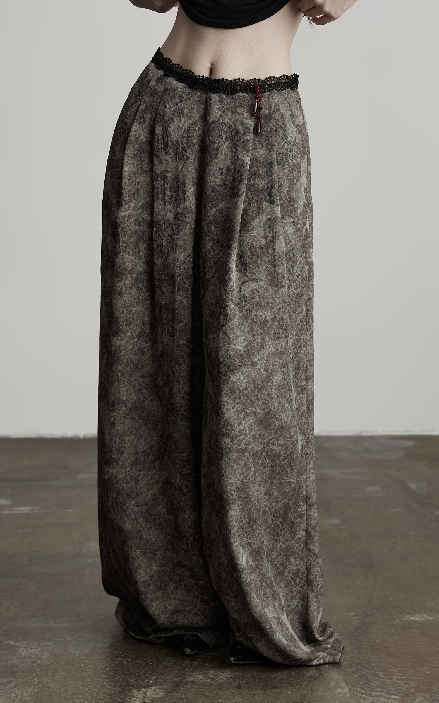 DOINDULGE Shadow Jacquard Wide Pants with Lace Waist and Beaded Trim