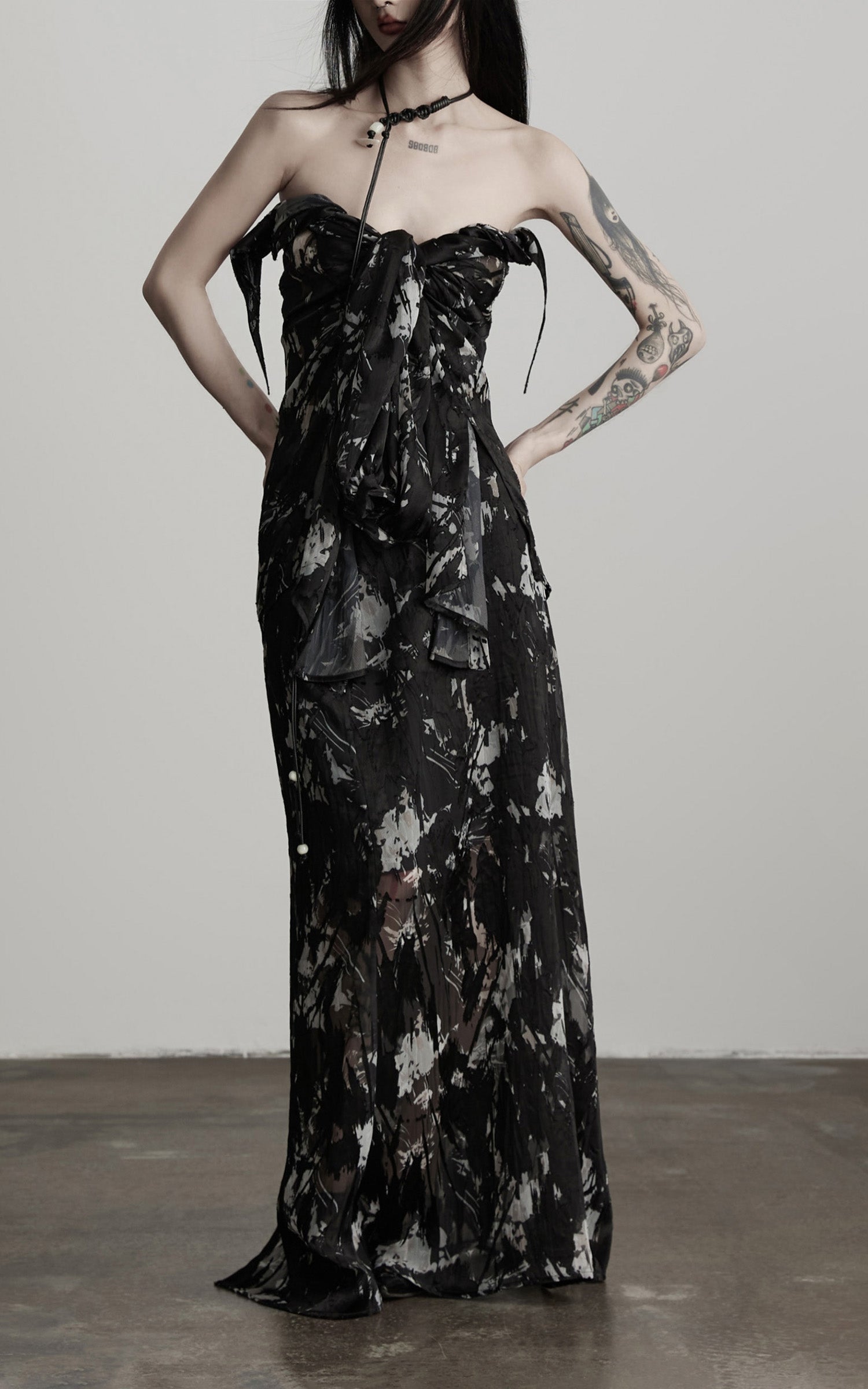 DOINDULGE Sheer Texture Shirt &amp; Long Skirt Set with Abstract Shadow Print
