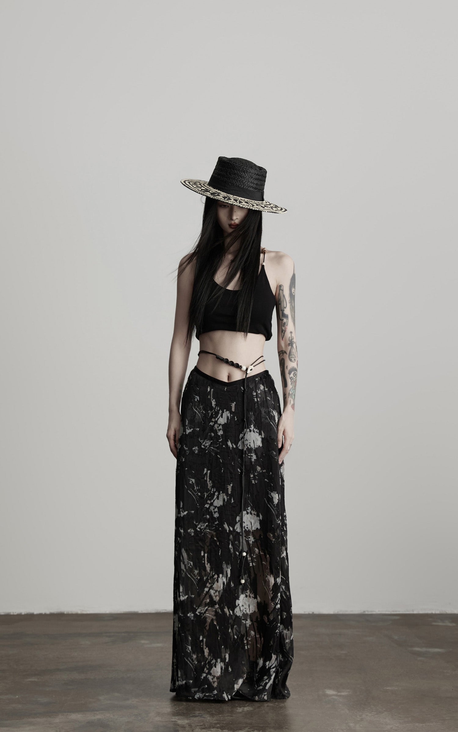 DOINDULGE Sheer Texture Shirt &amp; Long Skirt Set with Abstract Shadow Print
