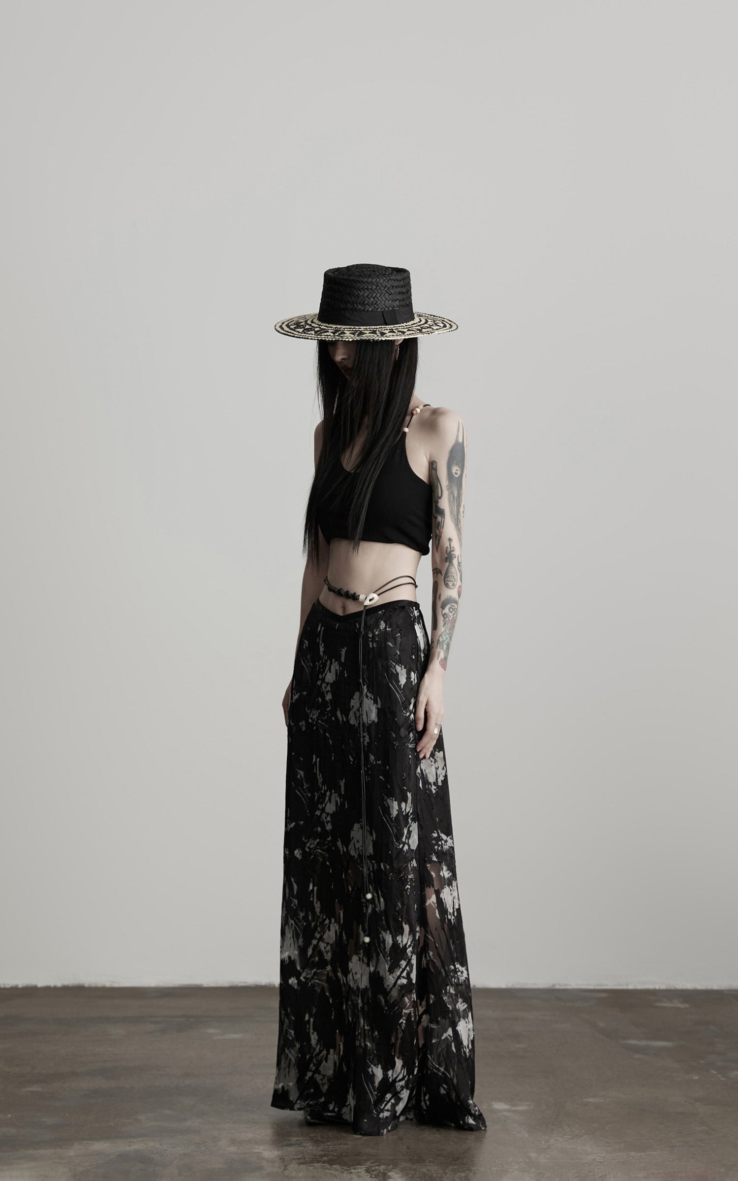 DOINDULGE Sheer Texture Shirt &amp; Long Skirt Set with Abstract Shadow Print