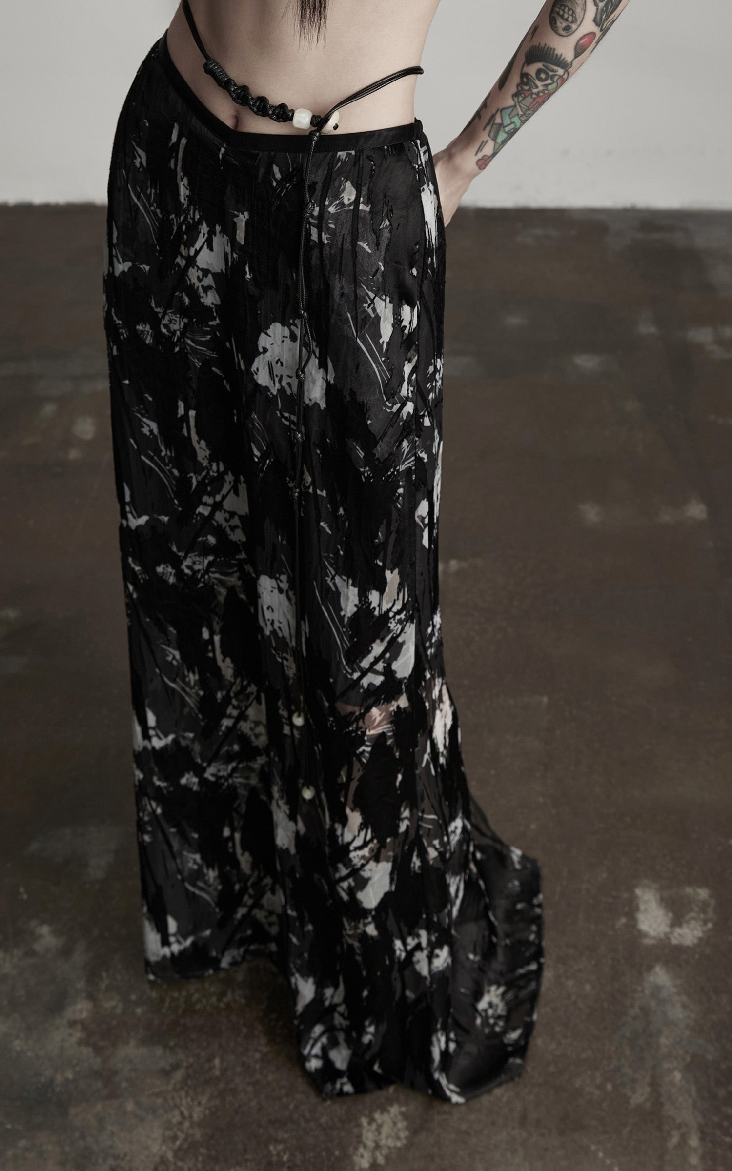 DOINDULGE Sheer Texture Shirt &amp; Long Skirt Set with Abstract Shadow Print