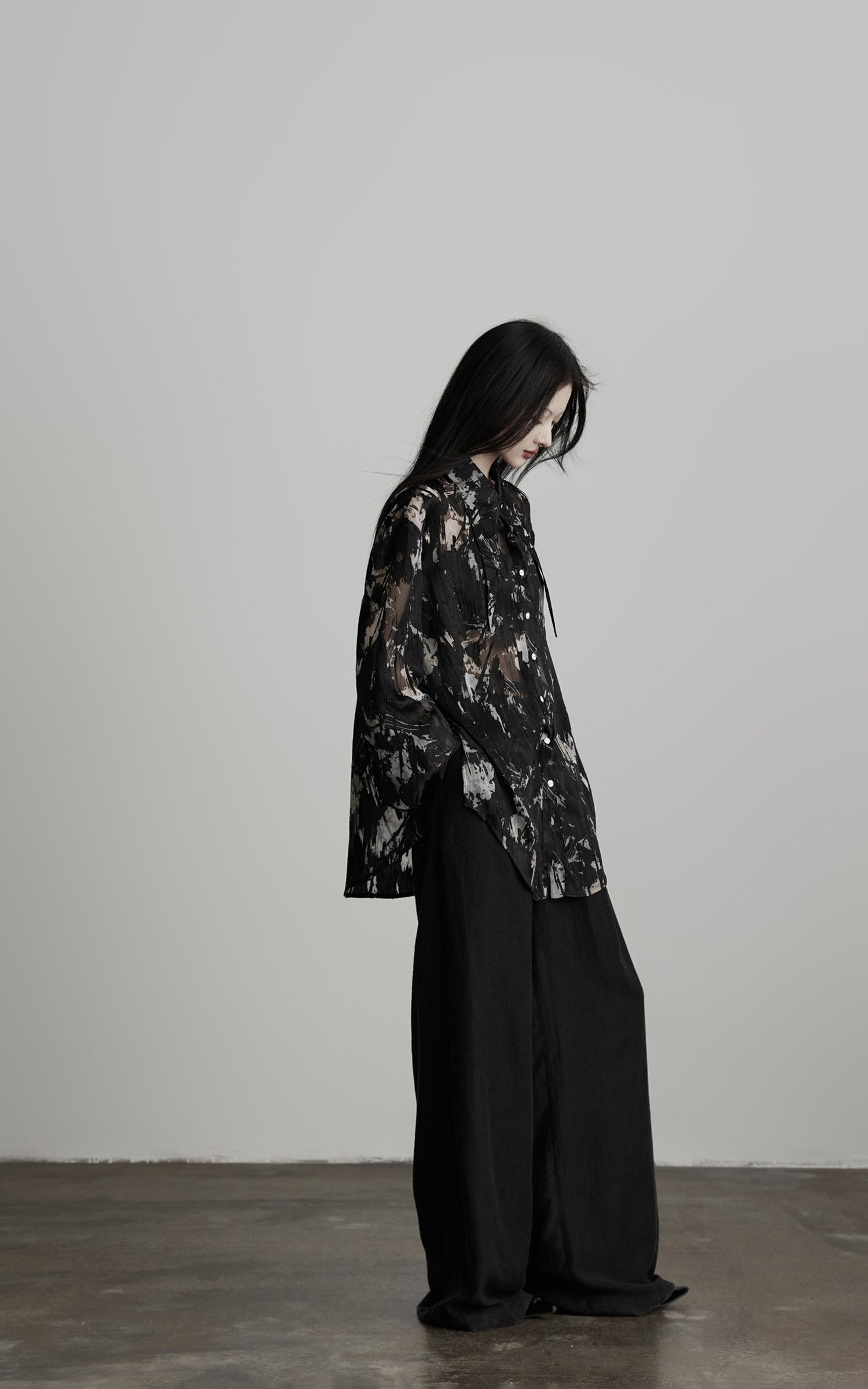 DOINDULGE Sheer Texture Shirt &amp; Long Skirt Set with Abstract Shadow Print