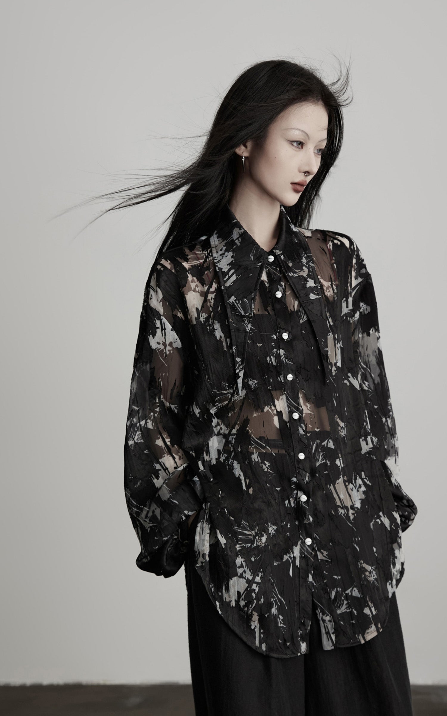 DOINDULGE Sheer Texture Shirt &amp; Long Skirt Set with Abstract Shadow Print