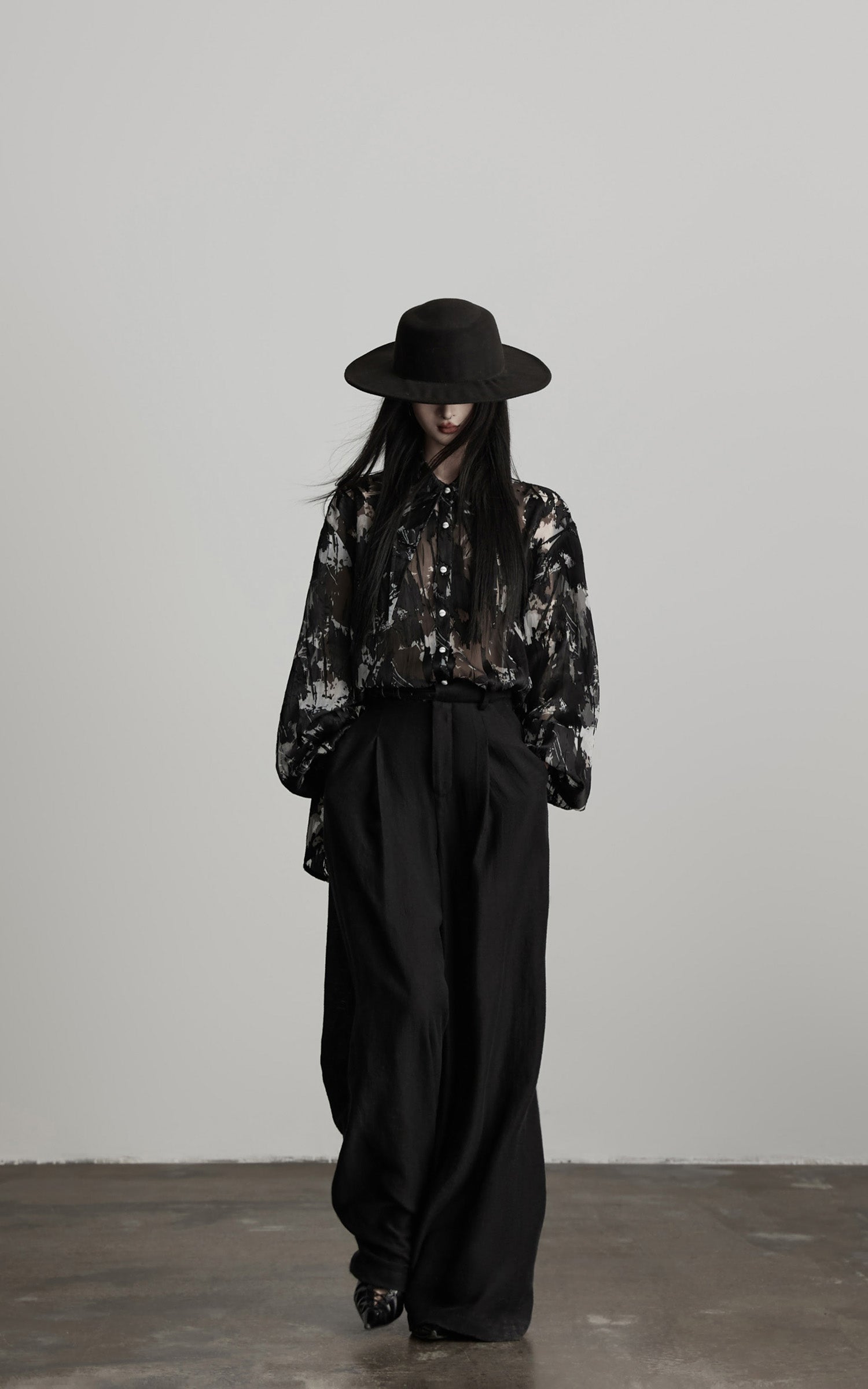 DOINDULGE Sheer Texture Shirt &amp; Long Skirt Set with Abstract Shadow Print