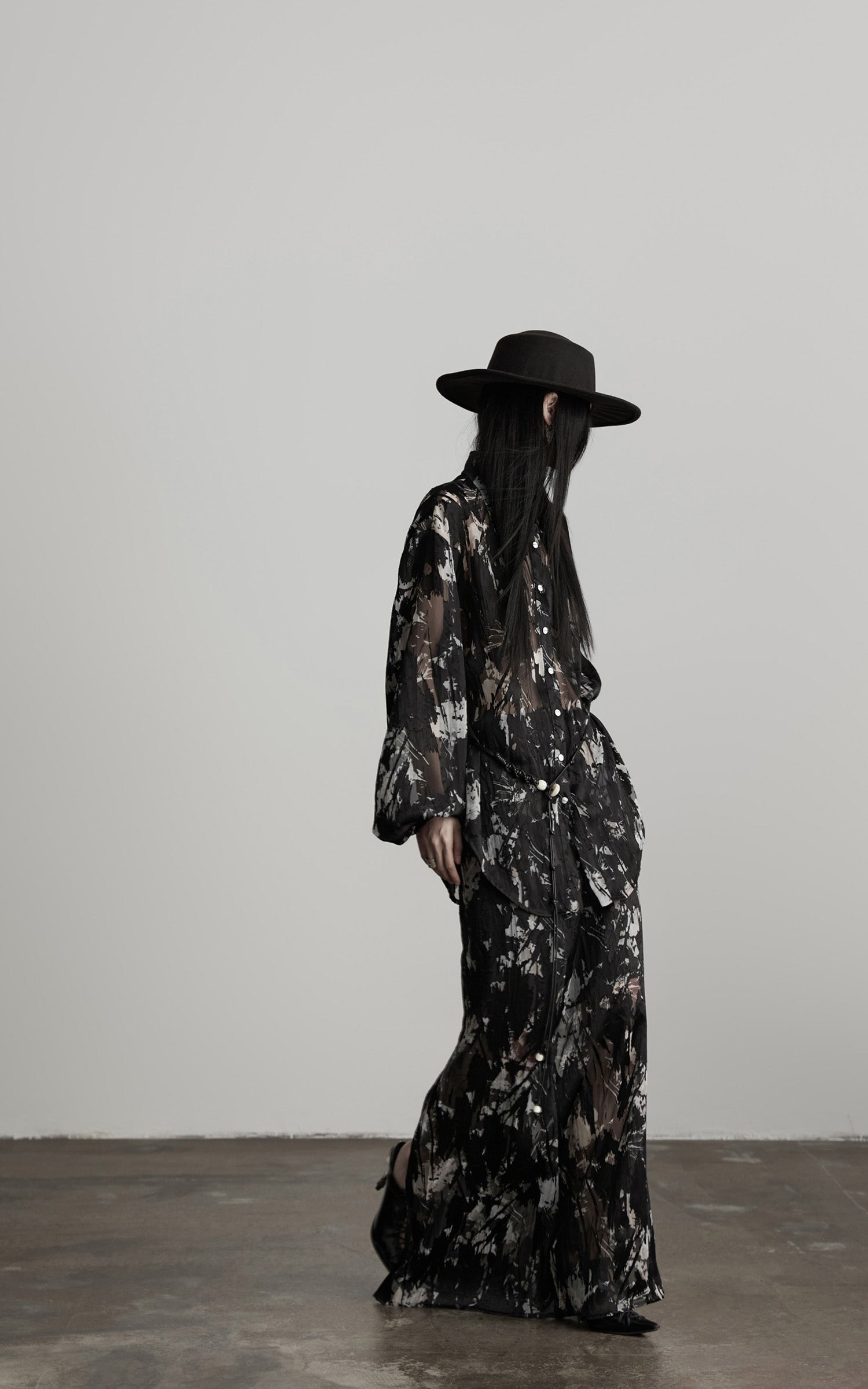 DOINDULGE Sheer Texture Shirt &amp; Long Skirt Set with Abstract Shadow Print
