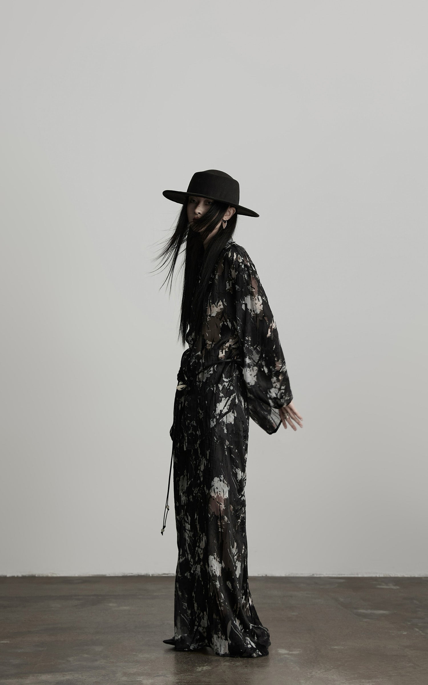 DOINDULGE Sheer Texture Shirt &amp; Long Skirt Set with Abstract Shadow Print