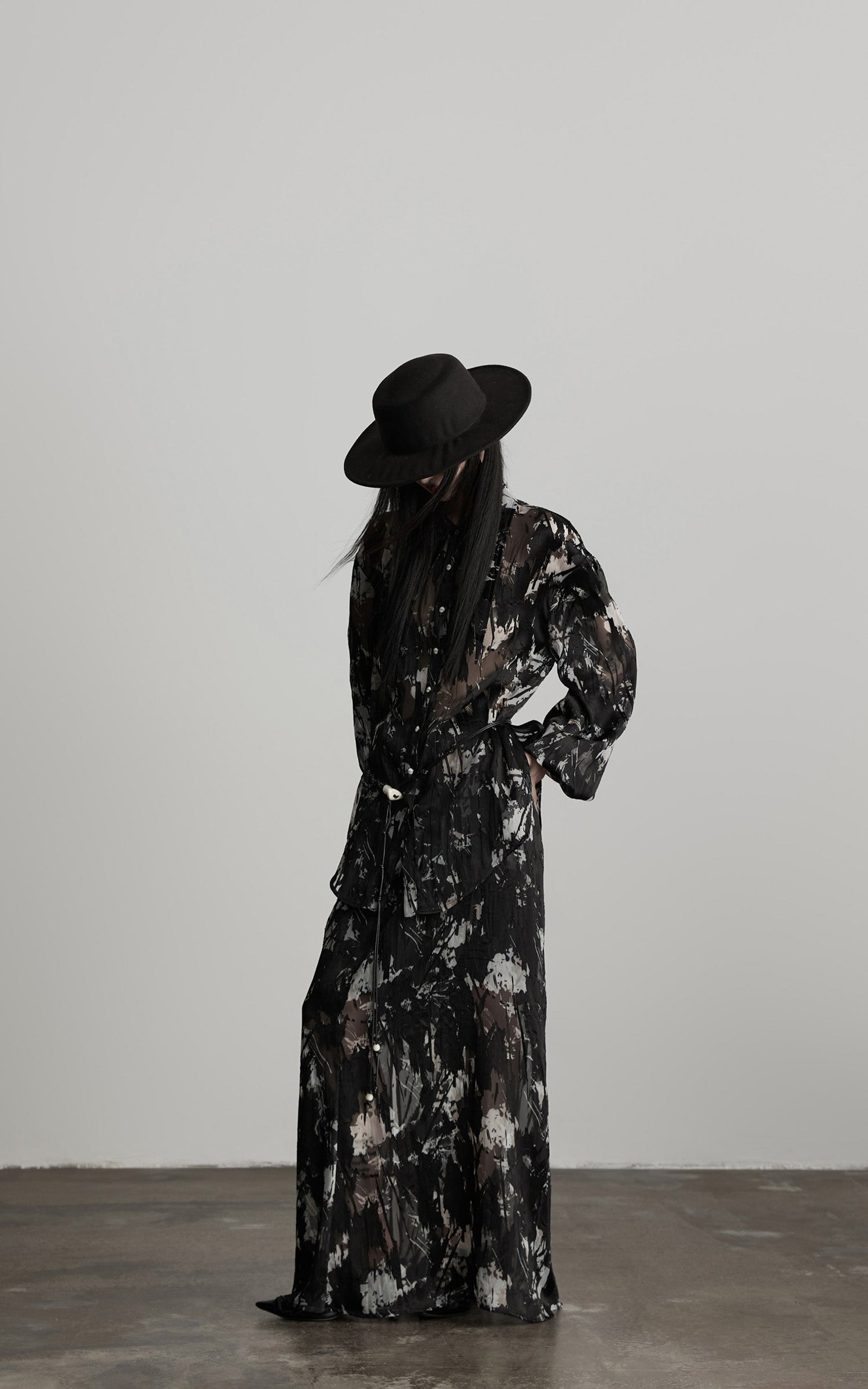 DOINDULGE Sheer Texture Shirt &amp; Long Skirt Set with Abstract Shadow Print