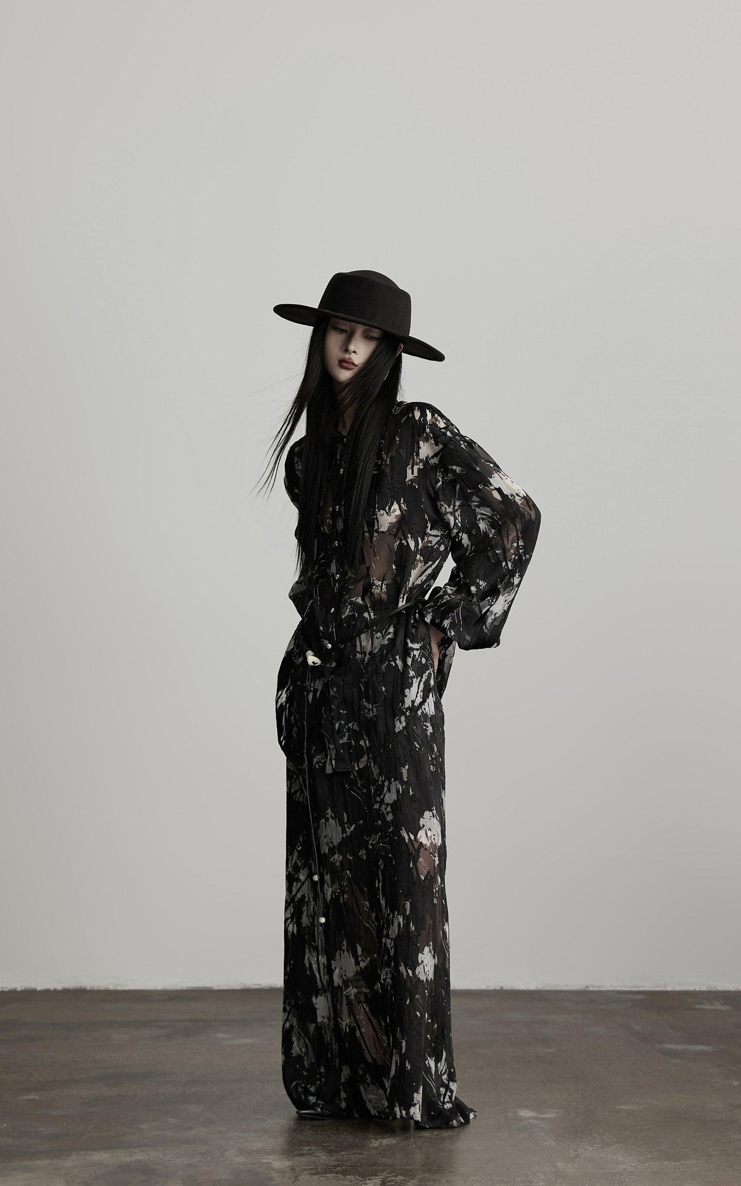 DOINDULGE Sheer Texture Shirt &amp; Long Skirt Set with Abstract Shadow Print
