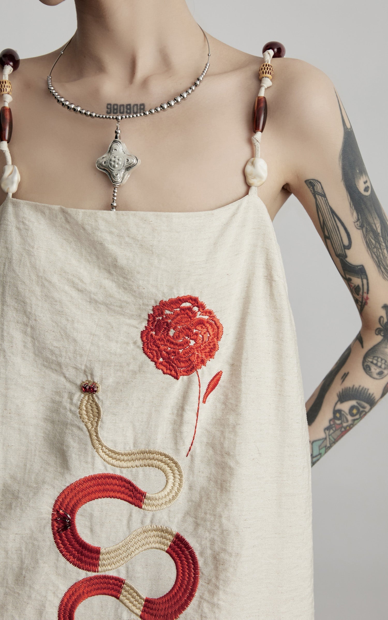 DOINDULGE Embroidered Snake and Flower Layered Linen Dress
