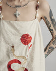 DOINDULGE Embroidered Snake and Flower Layered Linen Dress