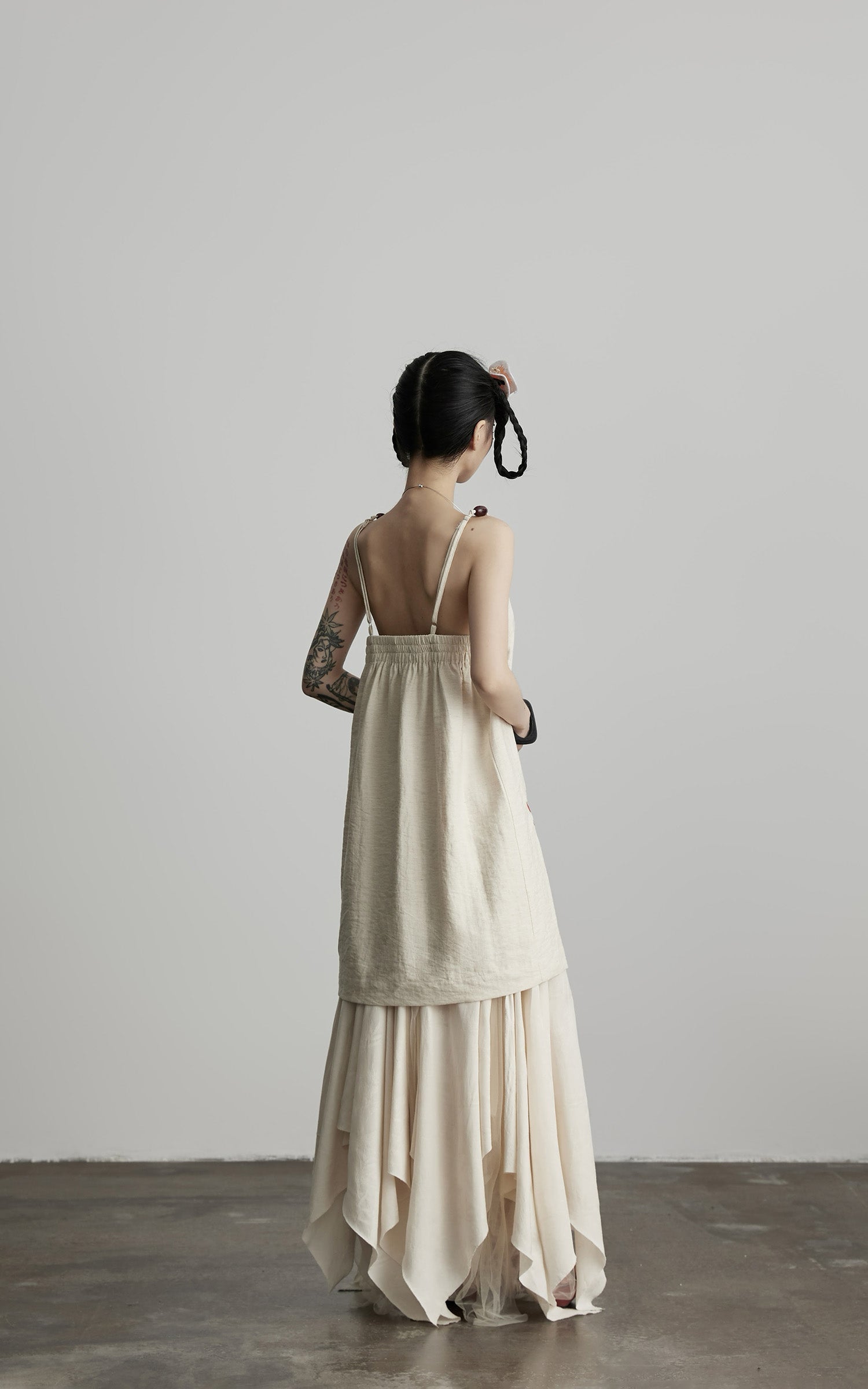 DOINDULGE Embroidered Snake and Flower Layered Linen Dress