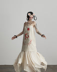 DOINDULGE Embroidered Snake and Flower Layered Linen Dress