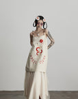 DOINDULGE Embroidered Snake and Flower Layered Linen Dress