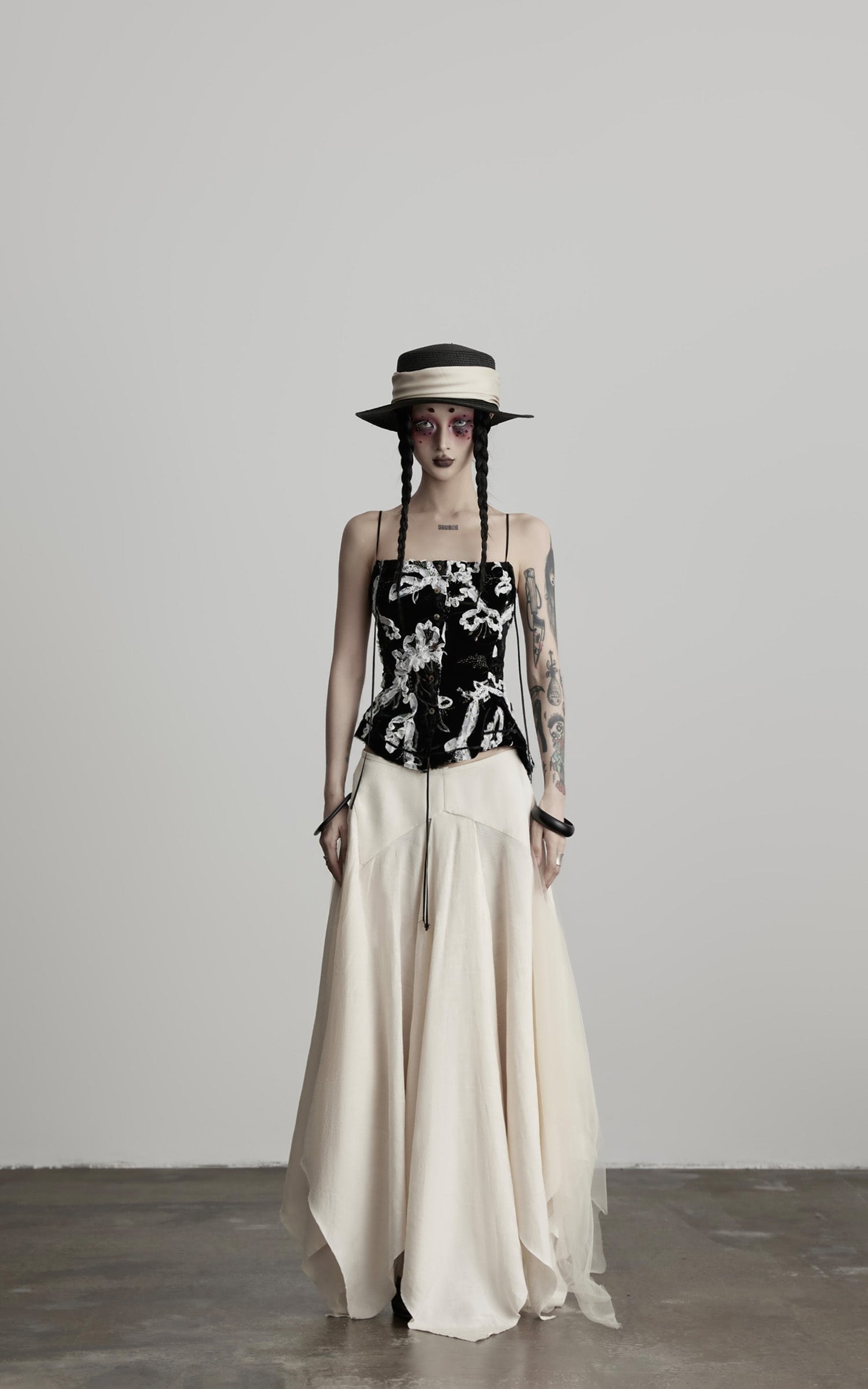 DOINDULGE Deconstructed Draped Jacquard Midi Skirt with Tulle Layering