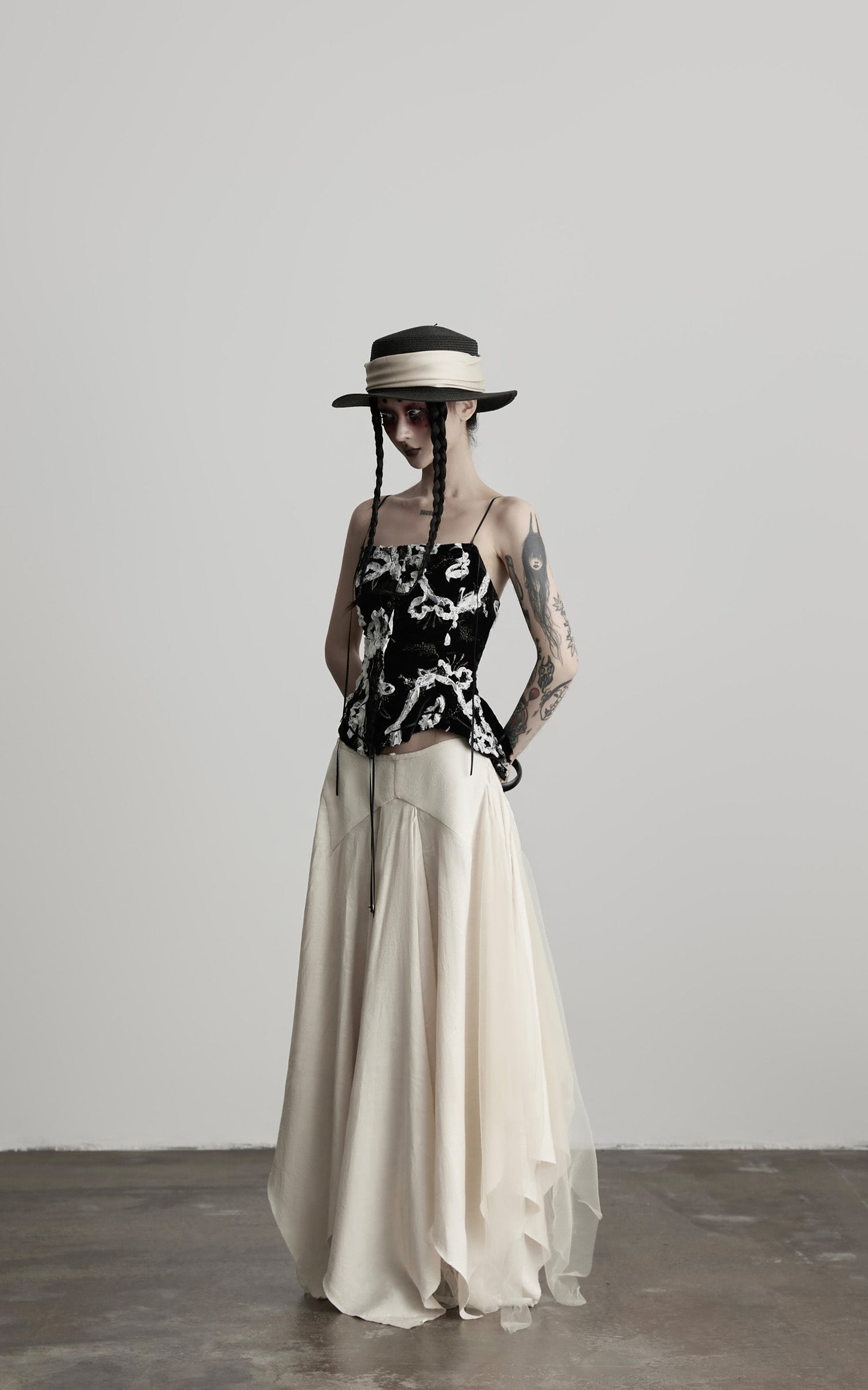 DOINDULGE Deconstructed Draped Jacquard Midi Skirt with Tulle Layering