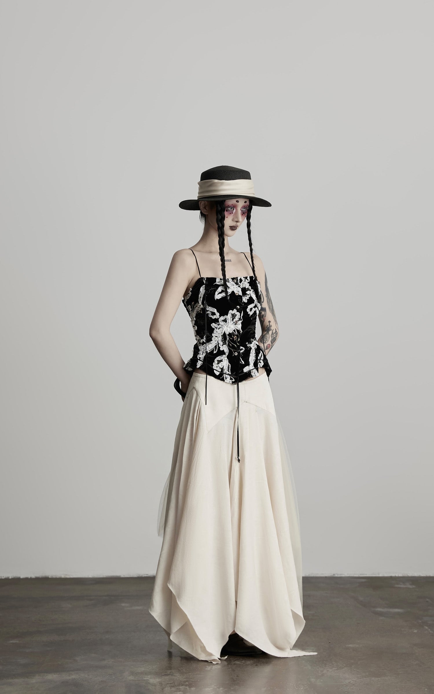 DOINDULGE Deconstructed Draped Jacquard Midi Skirt with Tulle Layering