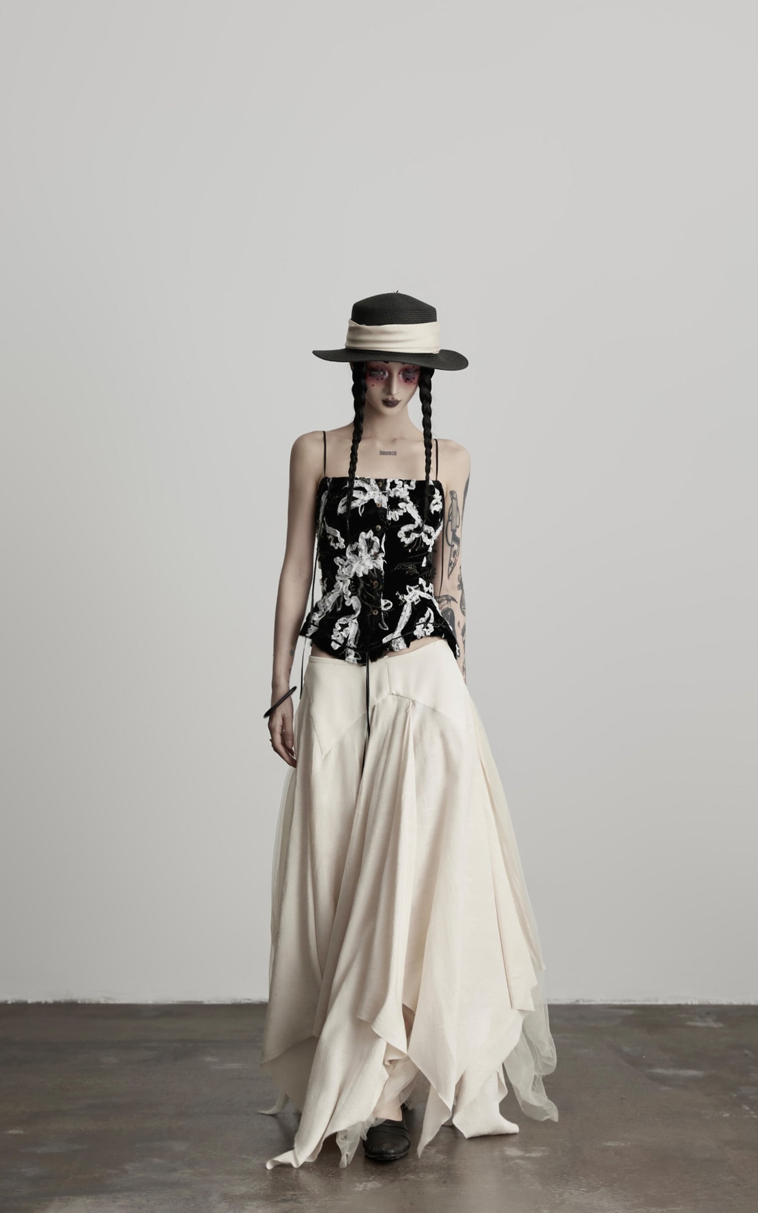 DOINDULGE Deconstructed Draped Jacquard Midi Skirt with Tulle Layering