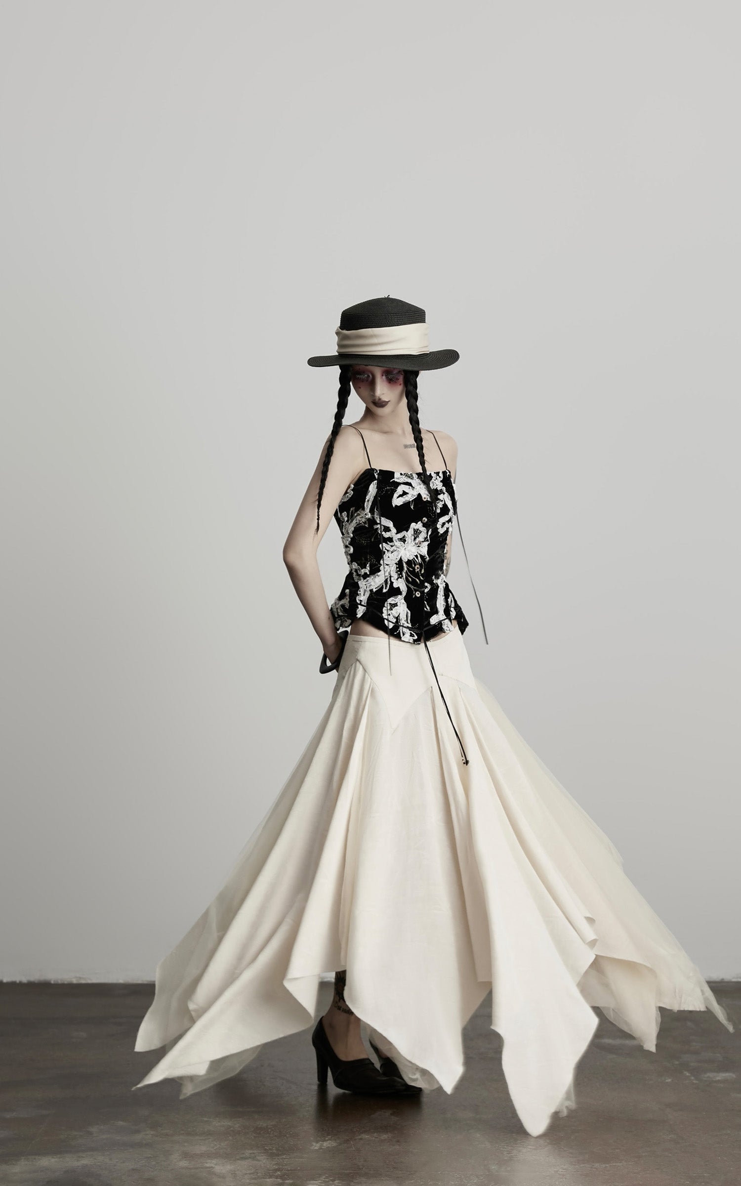 DOINDULGE Deconstructed Draped Jacquard Midi Skirt with Tulle Layering