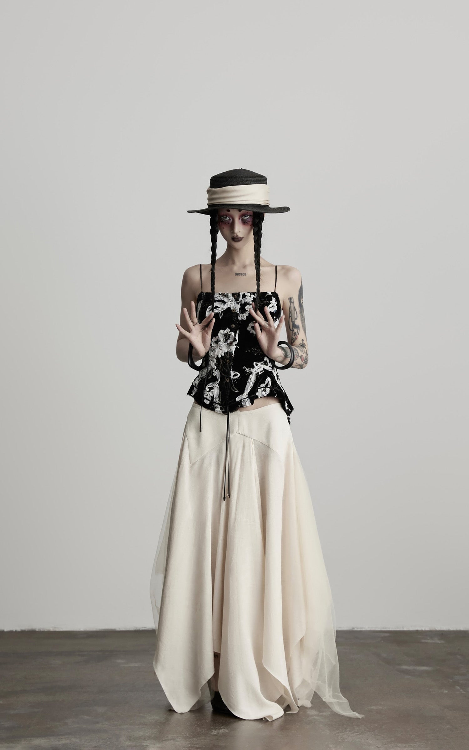 DOINDULGE Deconstructed Draped Jacquard Midi Skirt with Tulle Layering