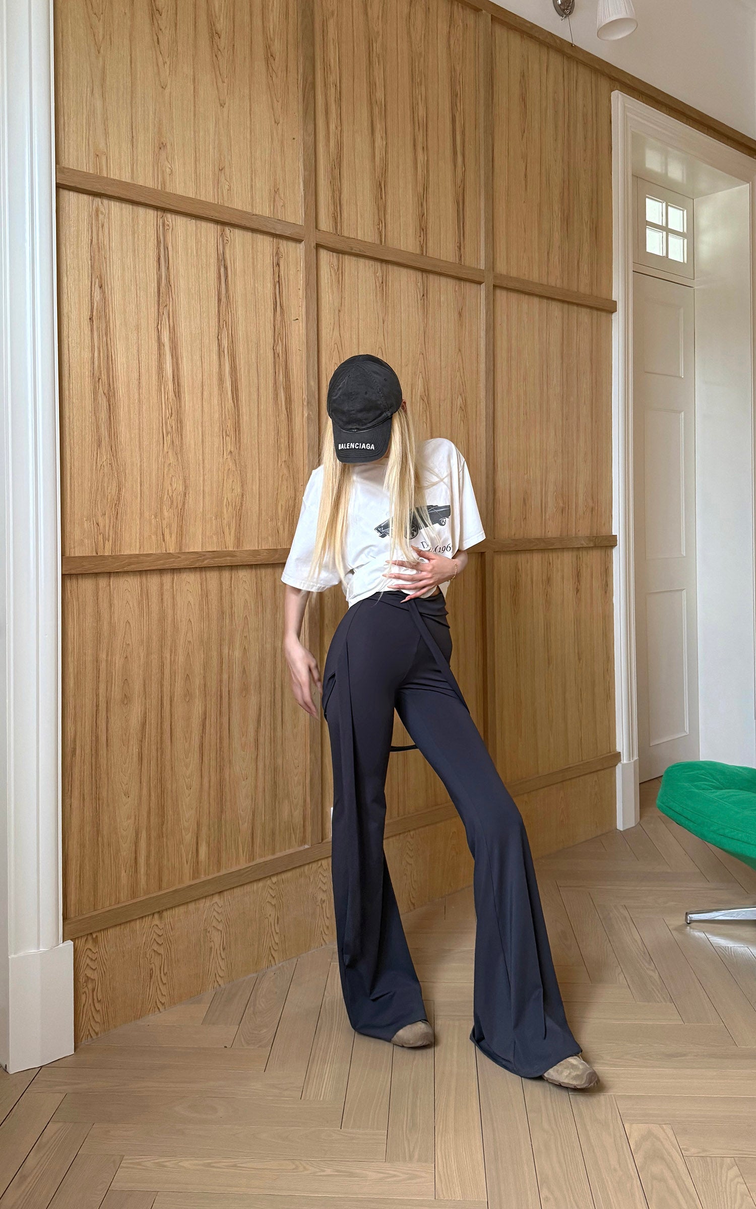 Rase le sol High-Waisted Stretch Flared Pants with Asymmetric Wrap Tie Detail - PINKPARKS