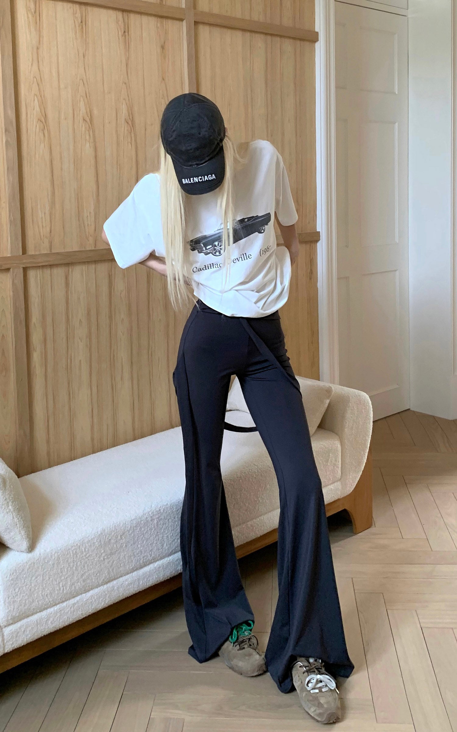 Rase le sol High-Waisted Stretch Flared Pants with Asymmetric Wrap Tie Detail - PINKPARKS