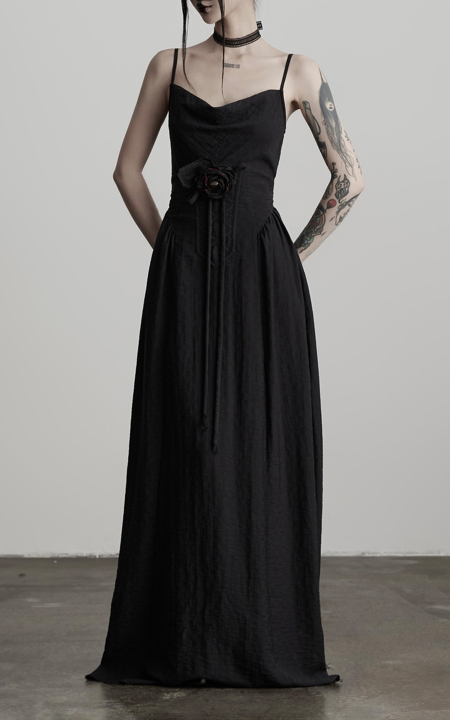 DOINDULGE Draped Maxi Dress with Corset Waist and Rosette Detail