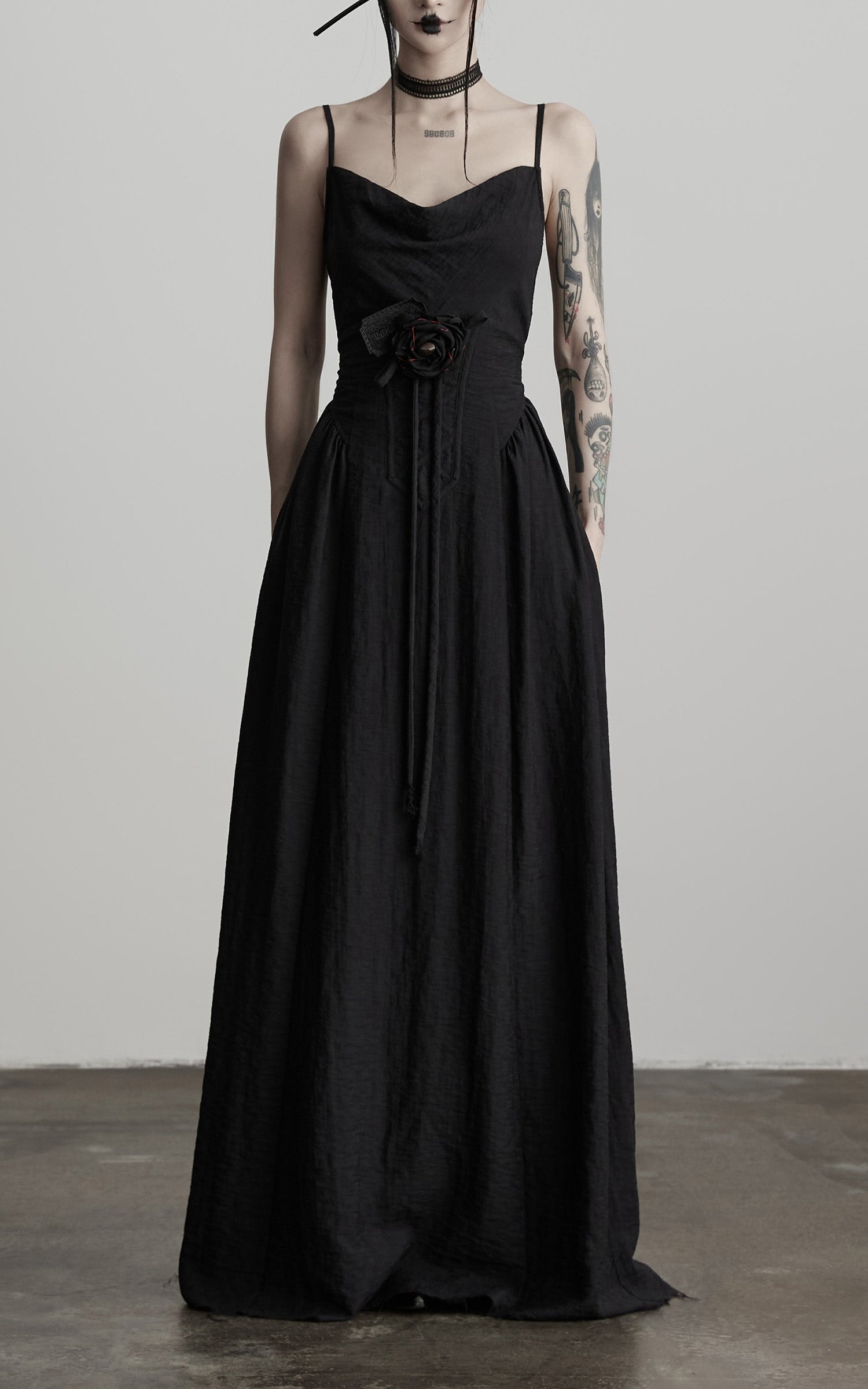 DOINDULGE Draped Maxi Dress with Corset Waist and Rosette Detail