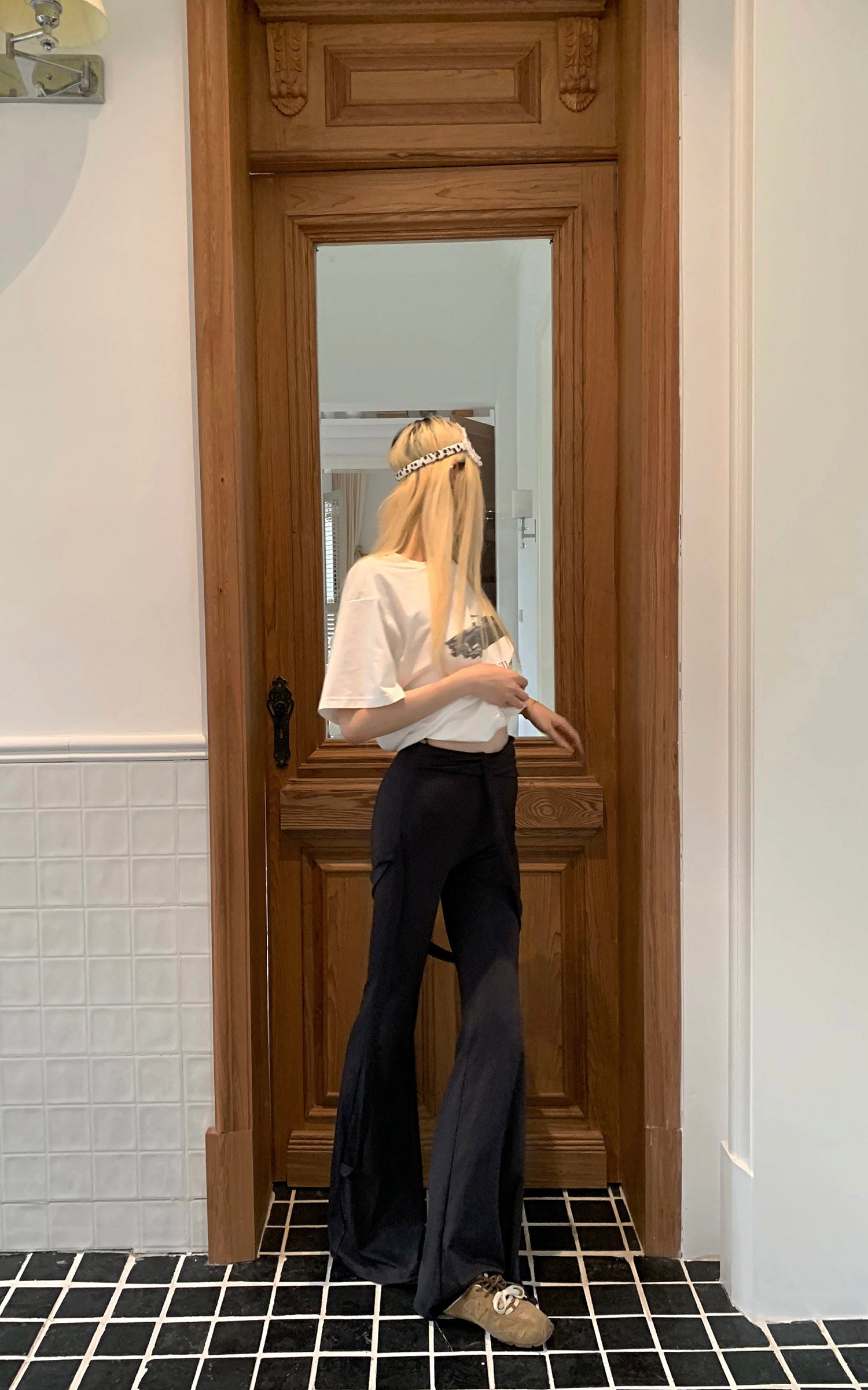 Rase le sol High-Waisted Stretch Flared Pants with Asymmetric Wrap Tie Detail - PINKPARKS