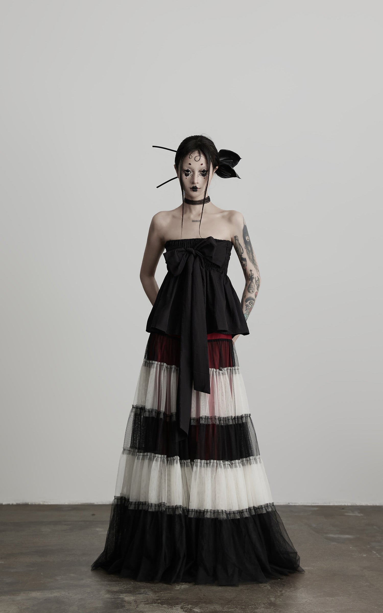 DOINDULGE Strapless Bow Top with Gathered Bodice and Dramatic Drape