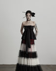 DOINDULGE Strapless Bow Top with Gathered Bodice and Dramatic Drape