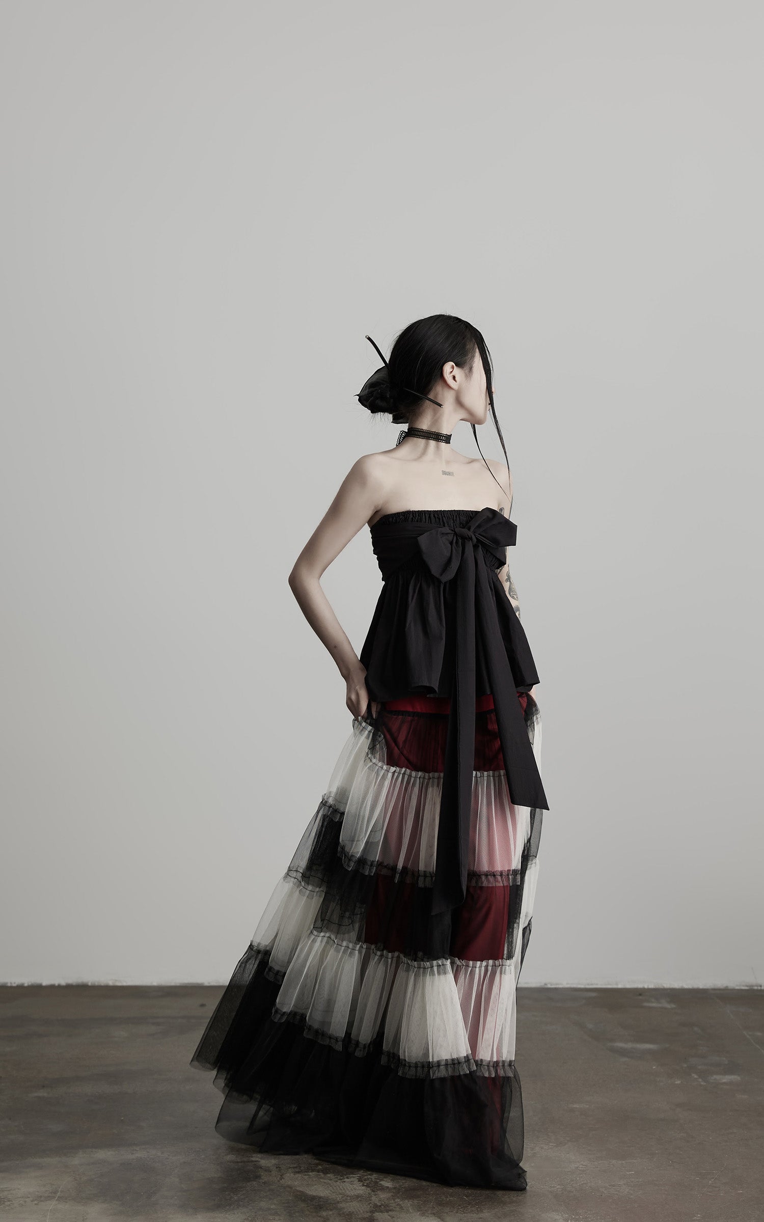 DOINDULGE Strapless Bow Top with Gathered Bodice and Dramatic Drape