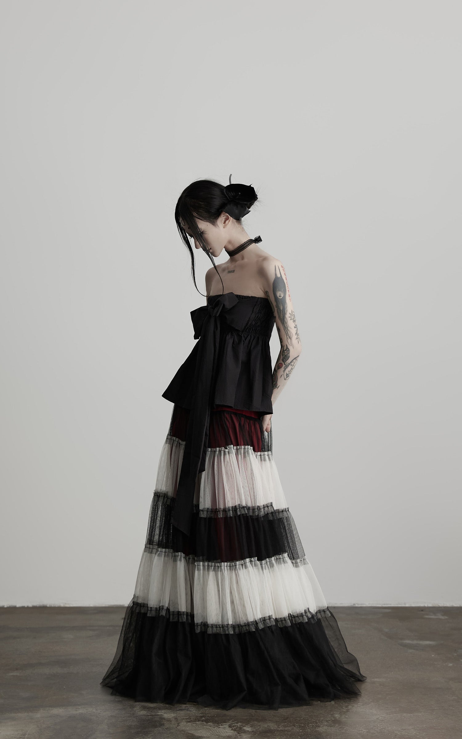 DOINDULGE Strapless Bow Top with Gathered Bodice and Dramatic Drape