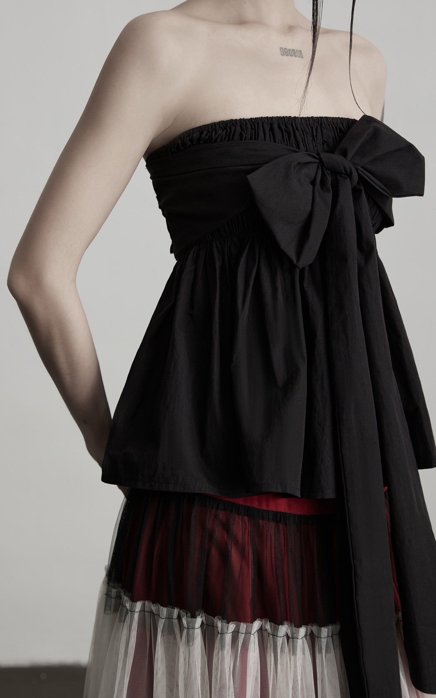 DOINDULGE Strapless Bow Top with Gathered Bodice and Dramatic Drape