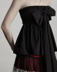 DOINDULGE Strapless Bow Top with Gathered Bodice and Dramatic Drape