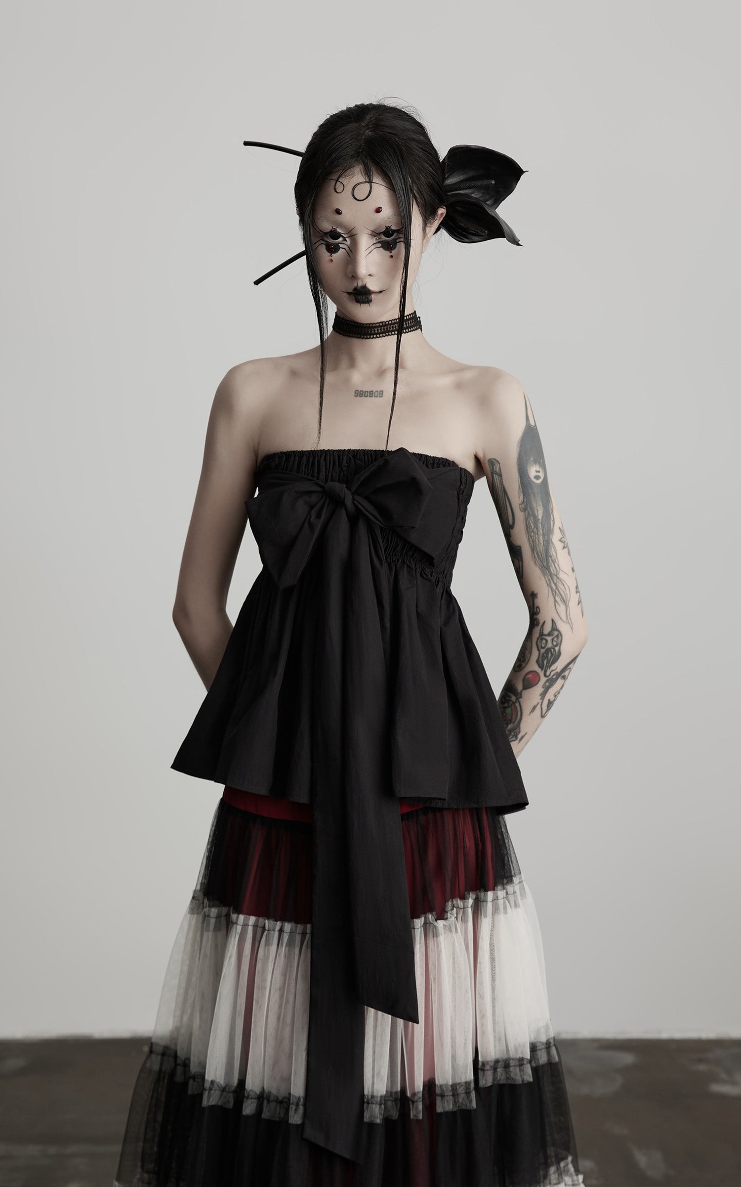 DOINDULGE Strapless Bow Top with Gathered Bodice and Dramatic Drape