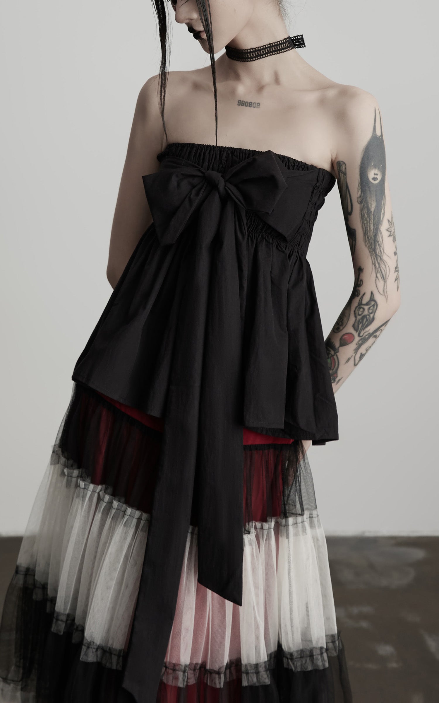 DOINDULGE Strapless Bow Top with Gathered Bodice and Dramatic Drape