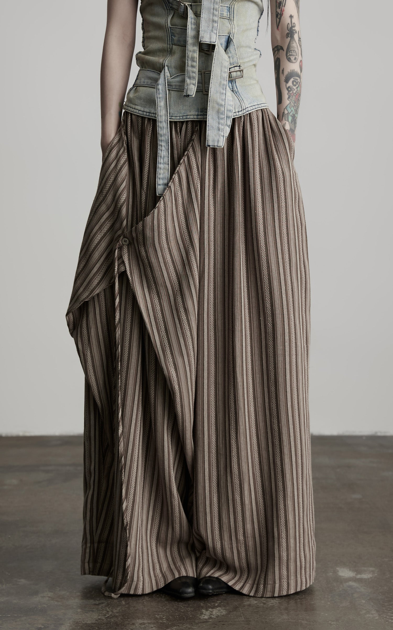 DOINDULGE Draped Asymmetric Wide-Leg Trousers in Textured Stripe