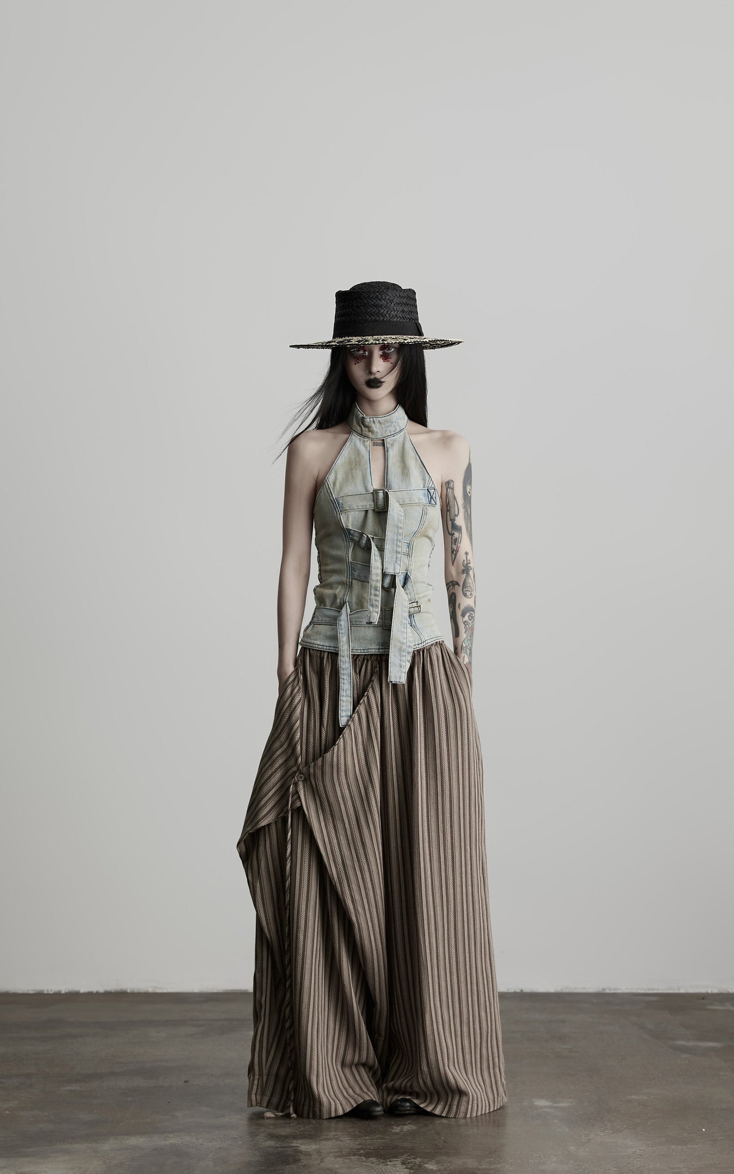 DOINDULGE Draped Asymmetric Wide-Leg Trousers in Textured Stripe